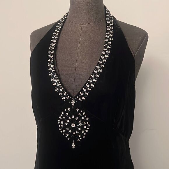 Eliza J New York Women's Black Low Back Embellished Velvet Halter Evening Dress - Picture 2 of 9
